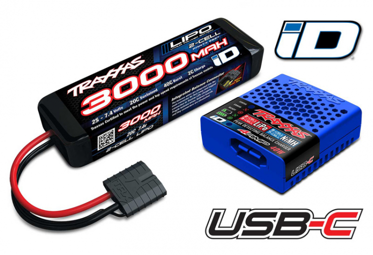 Laddare USB-C och 2S 7.4v 3000mAh LiPo Batteri Combo 2985-2S